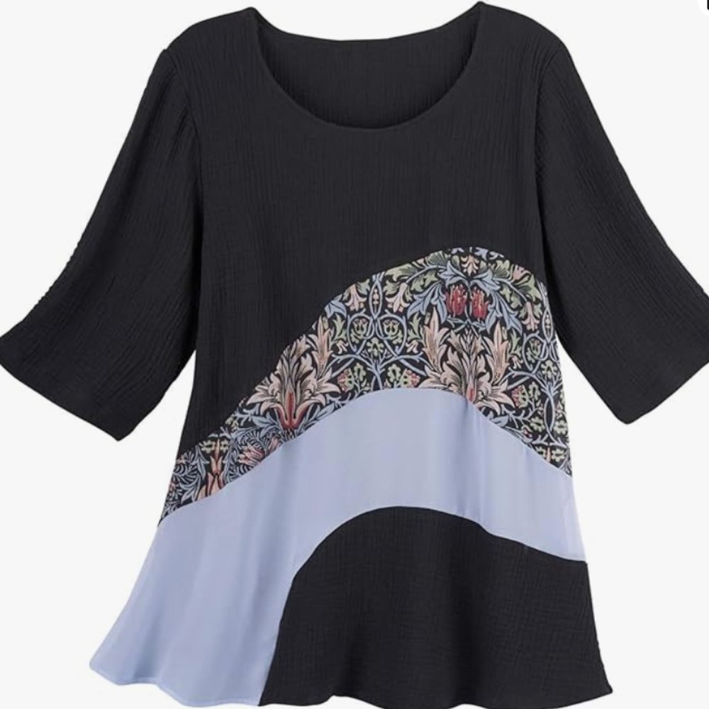 LINDI Women's Floral Swirl Tunic Top, Black & White with Floral Print